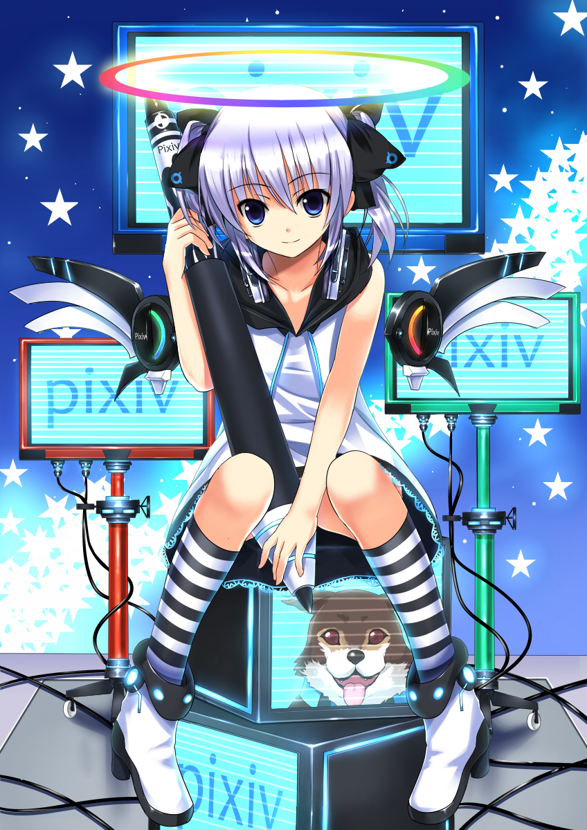 bow cable chobi_(pixiv) dog hair_bow halo highres kneehighs koi koi_(koisan) monitor oversized_object pixiv pixiv-tan purple_hair short_twintails sitting smile socks solo star striped stylus twintails wings