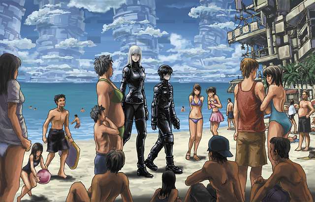 background beach bikini bikini_skirt black_hair blame blame! bodysuit boy building buildings cibo clouds cyberpunk cyborg female female_swimwear girl hat jpeg_artifacts killy male male_swimwear megastructure ocean one-piece_swimsuit parody scenery science_fiction source_request swim_trunks swimsuit walking white_hair white_skin