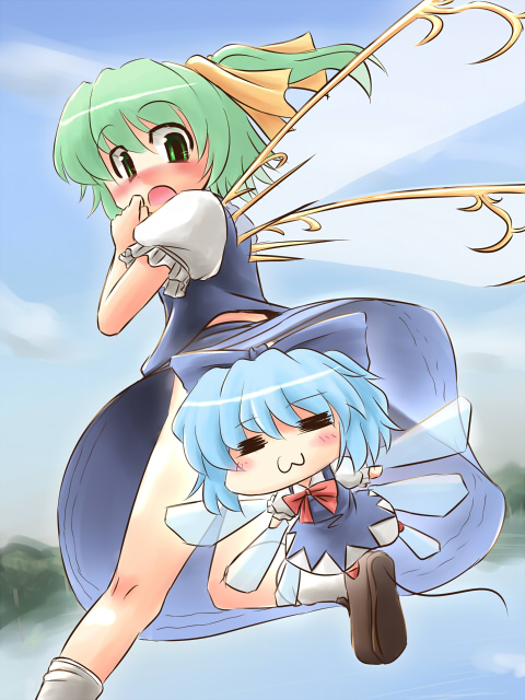 2girls :3 blue_hair blush bow censored chibi cirno convenient_censoring daiyousei green_eyes green_hair hair_bow hair_ribbon kakkou multiple_girls ribbon short_hair side_ponytail touhou wings