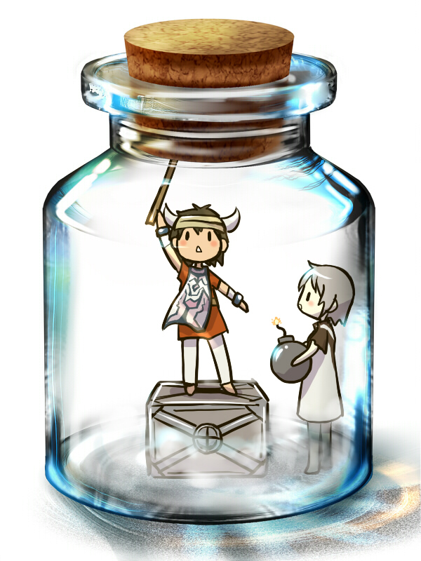 bomb bottle box brown_hair chibi cork crate glass horns ico ico_(character) in_bottle in_container jar tabard takitate white_hair yorda