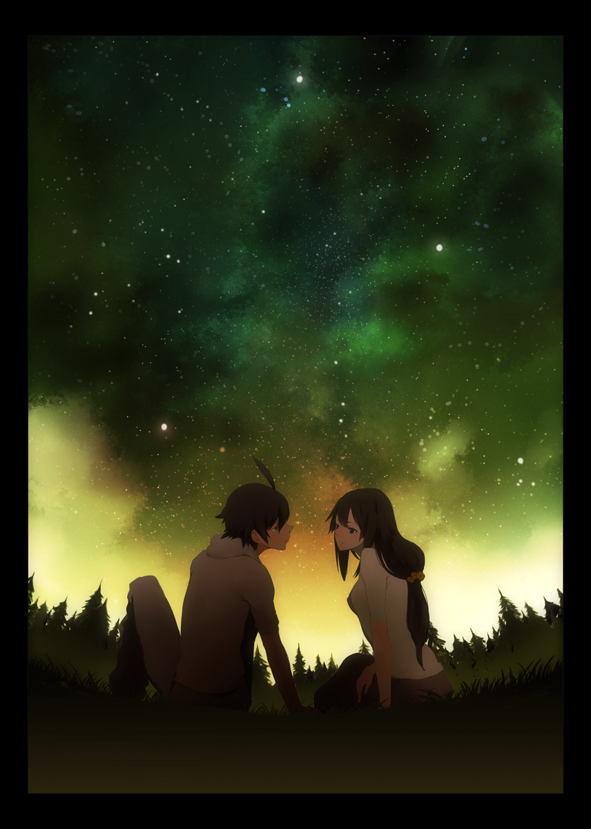 1girl araragi_koyomi background bakemonogatari boy couple forest from_behind from_ground girl hedge_(artist) highres incipient_kiss long_hair male monogatari_(series) nature night night_sky senjougahara_hitagi sitting sky star_(sky) starry_sky stars trees