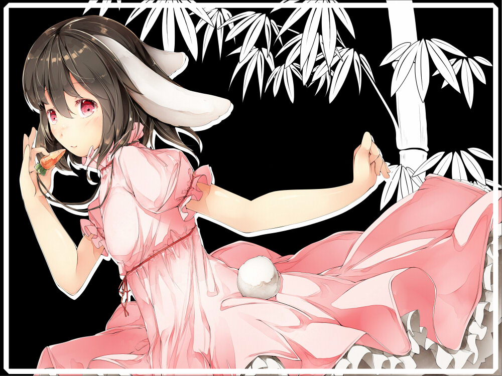 1girl animal_ears bamboo black_background brown_hair bunny_tail inaba_tewi jewelry pendant rabbit_ears red_eyes sash short_hair solo sugiyuu tail touhou
