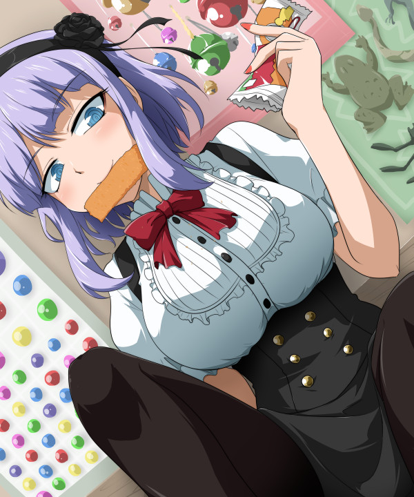 1girl bell blue_eyes breasts character_request dagashi_kashi dress food grin hairband large_breasts mobile mouth_hold ordures pantyhose purple_hair smile solo taut_clothes