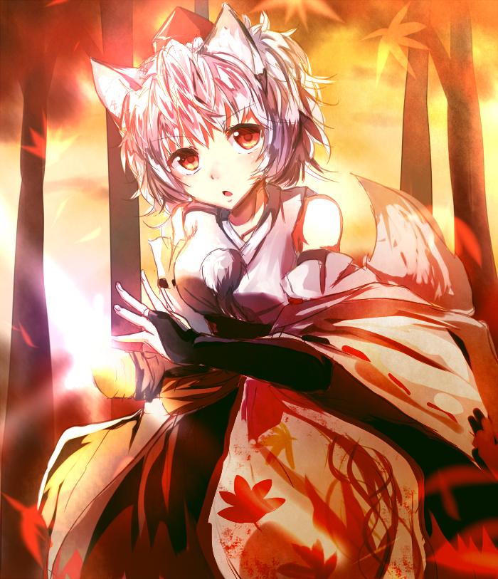 1girl animal_ears breasts bridal_gauntlets detached_sleeves hat hizagawa_rau inubashiri_momiji leaf maple_leaf open_mouth pom_pom_(clothes) short_hair solo tail tokin_hat touhou tree white_hair wide_sleeves wolf_ears wolf_tail