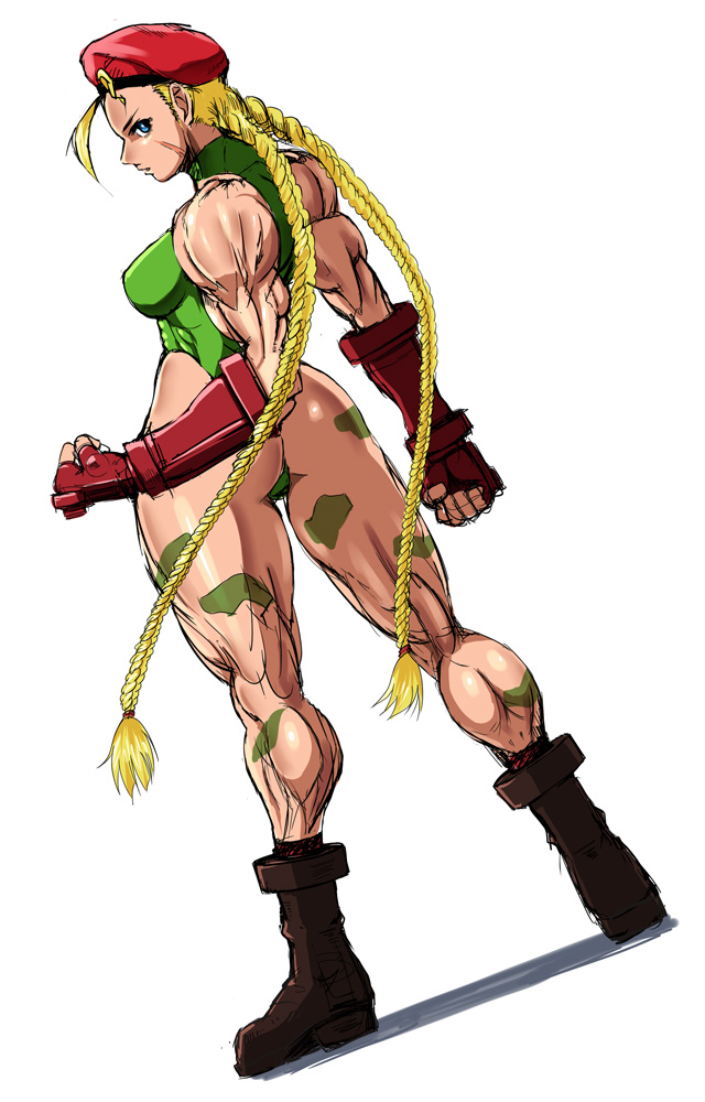 1girl ahoge ass beret blonde_hair blue_eyes braid breasts cammy_white camouflage clenched_hands combat_boots fingerless_gloves from_behind full_body gloves hat leotard long_hair muscle scar shopyun solo standing street_fighter thong_leotard twin_braids