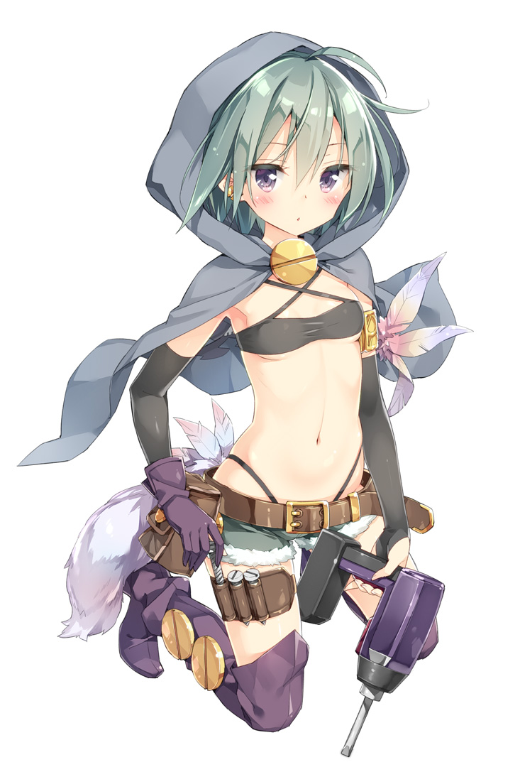 1girl ahoge belt black_panties blush boots character_request green_hair highleg highleg_panties hood navel ole_tower panties peko pouch power_drill screw short_shorts shorts simple_background single_glove small_breasts solo thigh-highs thigh_boots tubetop underwear violet_eyes white_background
