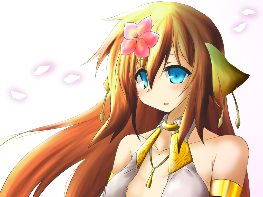 1girl :d blue_eyes brown_hair ciel_nosurge flower flower_on_head ionasal_kkll_preciel ionasol jewelry long_hair looking_at_viewer necklace open_mouth petals simple_background smile solo surge_concerto white_background wind