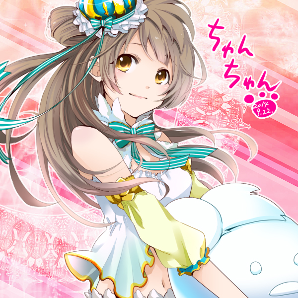 1girl bare_shoulders bow brown_eyes brown_hair dated detached_sleeves hat koyomino long_hair love_live!_school_idol_project midriff minami_kotori navel paw_print smile translation_request