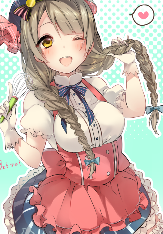 1girl ;d alternate_hairstyle blush bow braid brown_hair green_background hair_bow hat heart long_hair love_live!_school_idol_project minami_kotori miseinen one_eye_closed open_mouth ribbon smile solo twin_braids twintails yellow_eyes