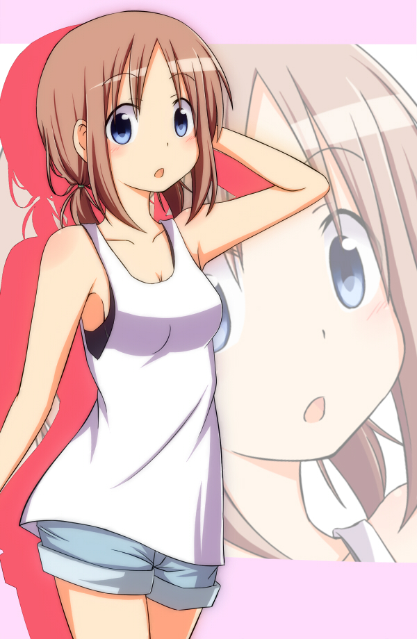 1girl :o bare_shoulders blue_eyes blush breasts brown_hair camisole cleavage collarbone hand_on_head nitizyo open_mouth original ponytail shorts sleeveless sleeveless_shirt solo sports_bra