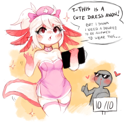 1girl anonymous axolotl bare_shoulders blood blush choker clipboard commentary english eyelashes furry hat looking_up nosebleed nurse nurse_cap open_mouth original ponytail red_eyes sign sparkle sunglasses tail thigh-highs tumblr vika_(yellowfur) white_hair yellowfur zettai_ryouiki