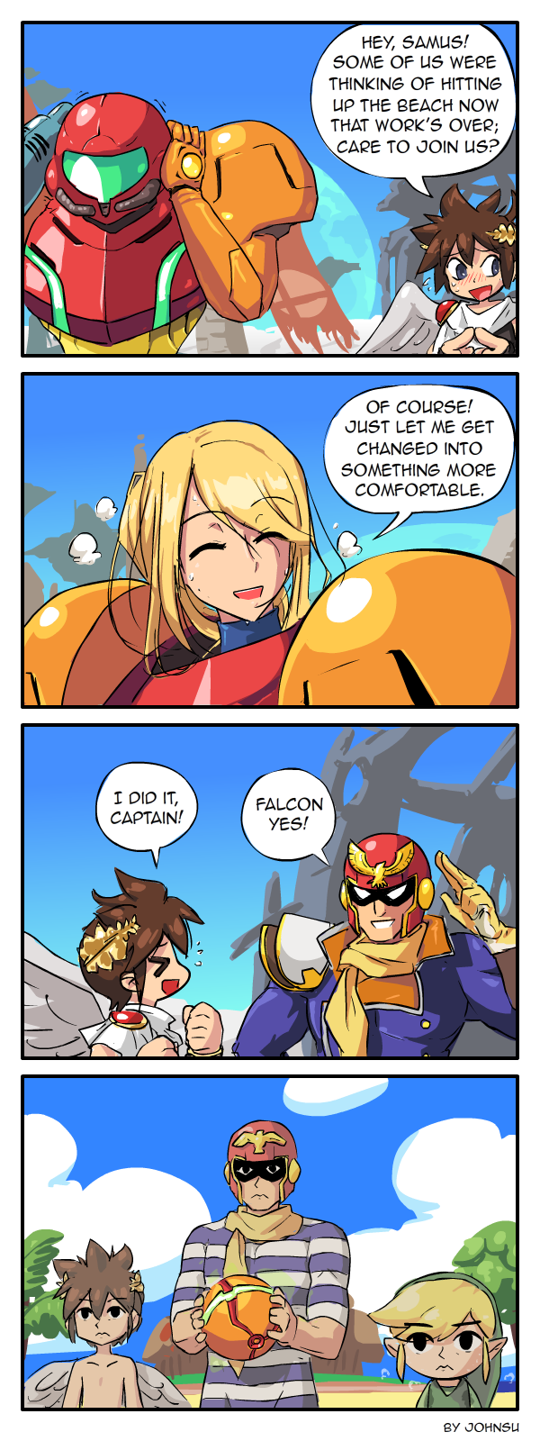 1girl 3boys 4koma ^_^ beach blonde_hair breath brown_hair captain_falcon closed_eyes clouds comic earth english f-zero female hair_ornament headwear_removed helmet helmet_removed highres island john_su kid_icarus link long_hair male metroid morph_ball multiple_boys palm_tree pit_(kid_icarus) ponytail samus_aran simple_background sky super_smash_bros. the_legend_of_zelda toon_link tree varia_suit water wind_waker wings