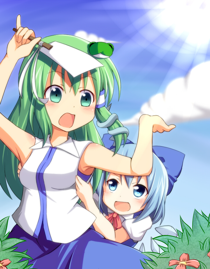 2girls :d armpits arms_up bare_arms bare_shoulders blue_eyes blue_hair blue_sky blush bow breasts cirno clouds collared_shirt d: frog_hair_ornament green_eyes green_hair groping hair_bow hair_ornament ice ice_wings kochiya_sanae long_hair multiple_girls nitizyo open_mouth puffy_short_sleeves puffy_sleeves short_hair short_sleeves skirt sky sleeveless sleeveless_shirt smile snake_hair_ornament sun surprised touhou wings