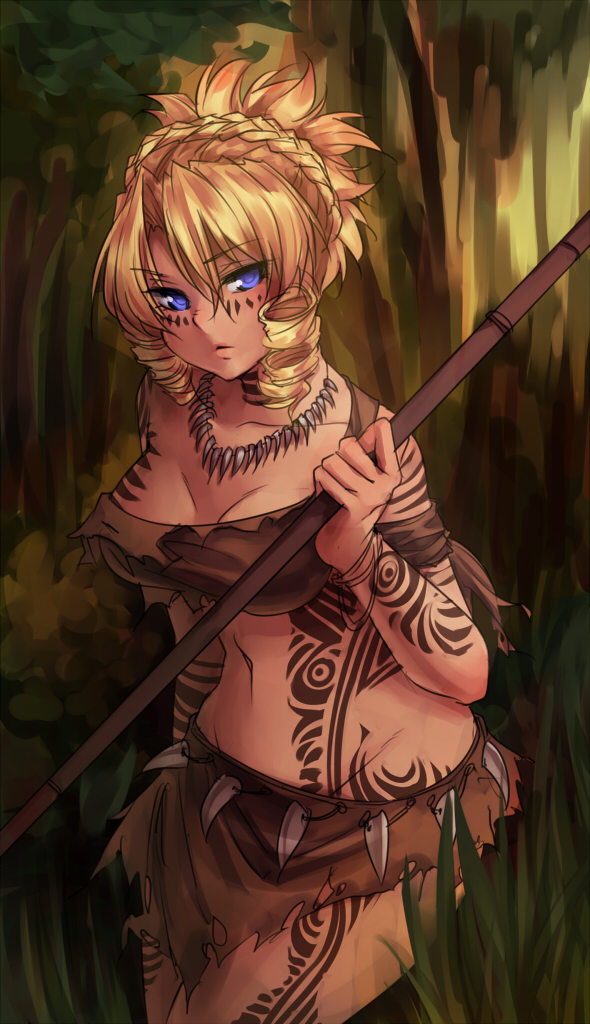 1girl armband bare_shoulders blonde_hair blue_eyes braid breasts cleavage drill_hair french_braid full_body_tattoo jewelry jungle loincloth long_hair midriff monorus nature navel necklace no_panties pacifica_casull polearm scrapped_princess short_hair solo spear tattoo tooth_necklace tribal updo weapon