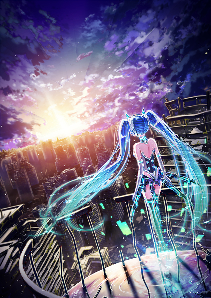 108tooya 1girl blue_hair cityscape clouds cloudy_sky dawn hatsune_miku hologram long_hair miku_append over-kneehighs sky solo thigh-highs twintails vocaloid vocaloid_append