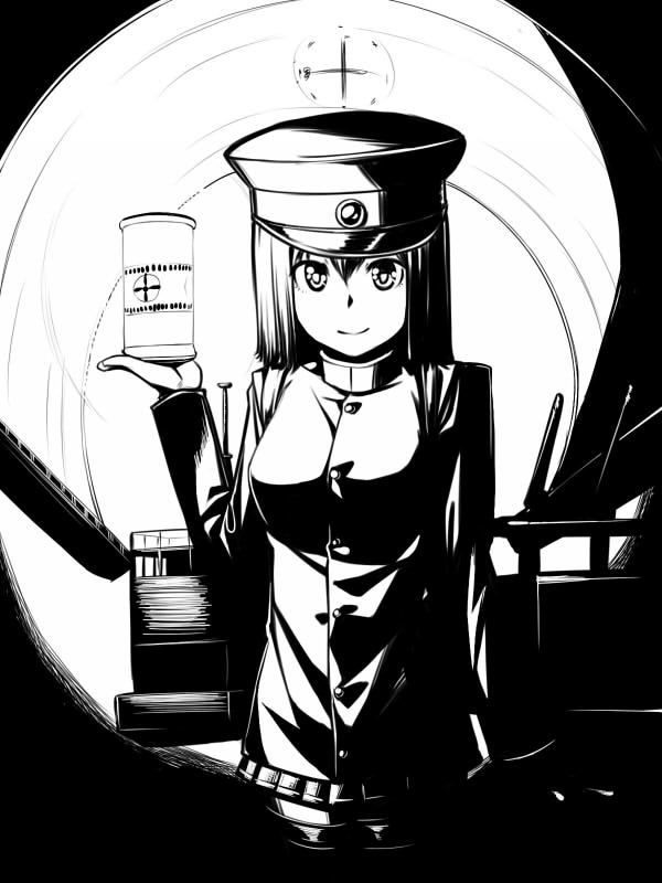 1girl akitsu_maru_(kantai_collection) black_hair breasts h_kasei hat kantai_collection light military military_uniform monochrome peaked_cap short_hair uniform