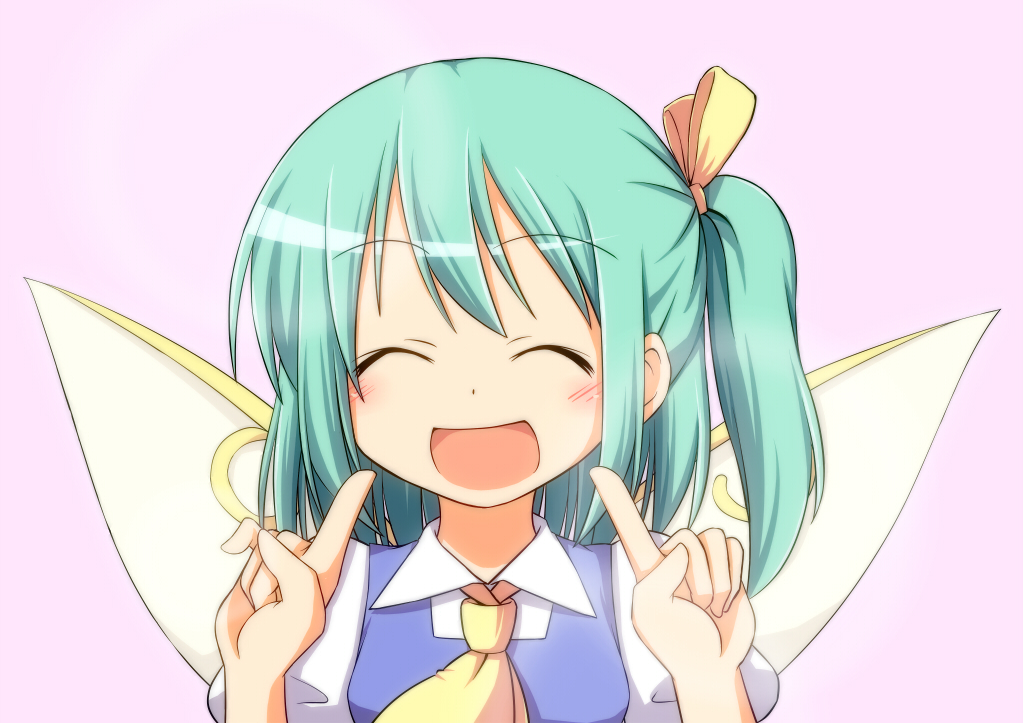 1girl :d ^_^ ascot blush bust closed_eyes collared_shirt daiyousei fairy_wings green_hair nitizyo open_mouth pointing pointing_at_self puffy_short_sleeves puffy_sleeves short_sleeves side_ponytail smile solo touhou vest wings