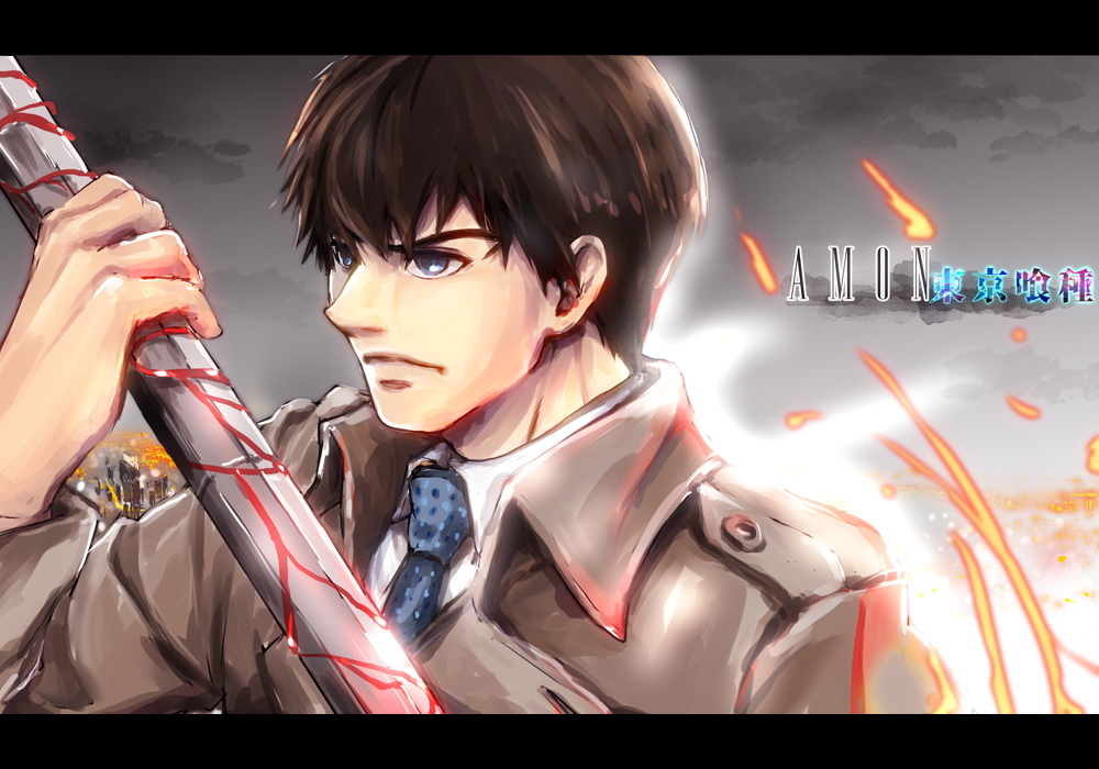 1boy amon_koutarou black_hair blood bloody_weapon blue_eyes character_name copyright_name necktie short_hair solo tokyo_ghoul trench_coat weapon