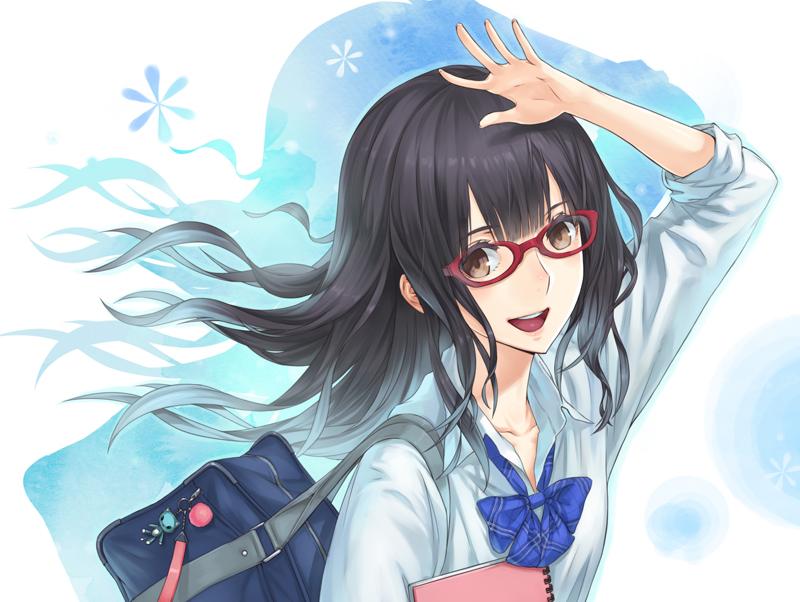 1girl 2d :d arm_up bag black_hair bow brown_eyes bust collarbone glasses long_hair looking_at_viewer open_mouth original red-framed_glasses school_bag school_uniform smile solo