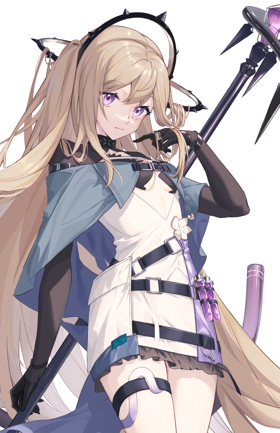 1girl arknights black_gloves blonde_hair blue_cape breasts cape closed_mouth collar cowboy_shot dress elbow_gloves frilled_dress frills gloves hair_ornament hand_in_hair hand_up highres holding holding_staff idass_(idass16) indigo_(arknights) infection_monitor_(arknights) long_hair looking_at_viewer short_dress simple_background small_breasts solo staff test_tube under_boob very_long_hair violet_eyes white_background white_dress