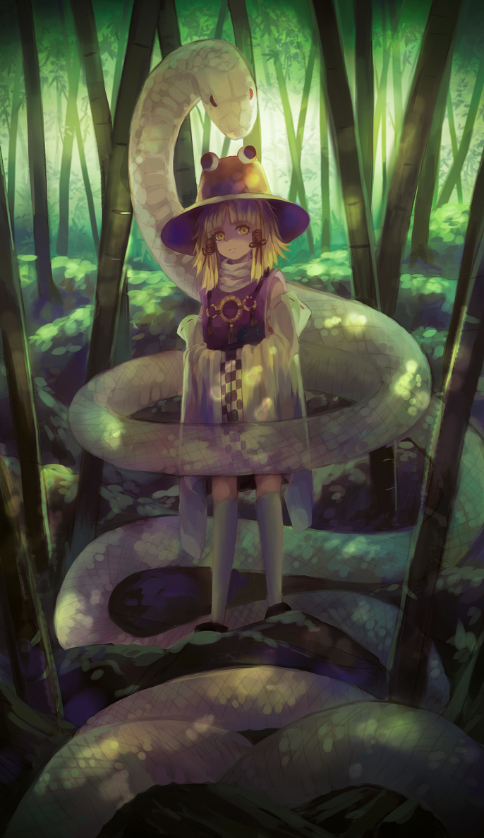 1girl 968087_(pixiv) bamboo bamboo_forest blonde_hair dappled_sunlight detached_sleeves forest hair_ribbon hands_in_sleeves hands_together hat looking_at_viewer mishaguji moriya_suwako nature outdoors ribbon serious snake solo standing thigh-highs touhou turtleneck white_legwear yellow_eyes