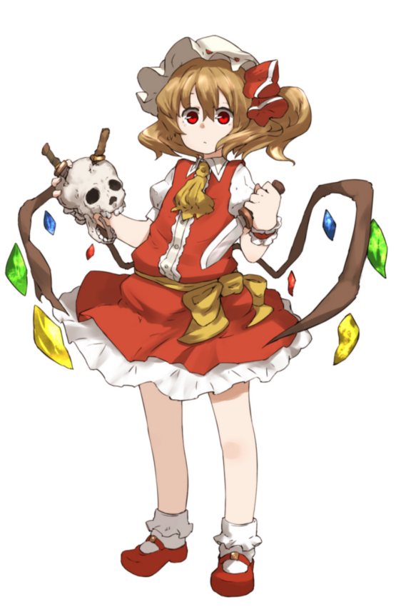 1girl amonitto ascot blonde_hair dress flandre_scarlet hair_ribbon impaled knife looking_at_viewer mob_cap puffy_short_sleeves puffy_sleeves red_dress red_eyes ribbon sash shirt short_sleeves side_ponytail skull solo touhou wide-eyed wings wrist_cuffs