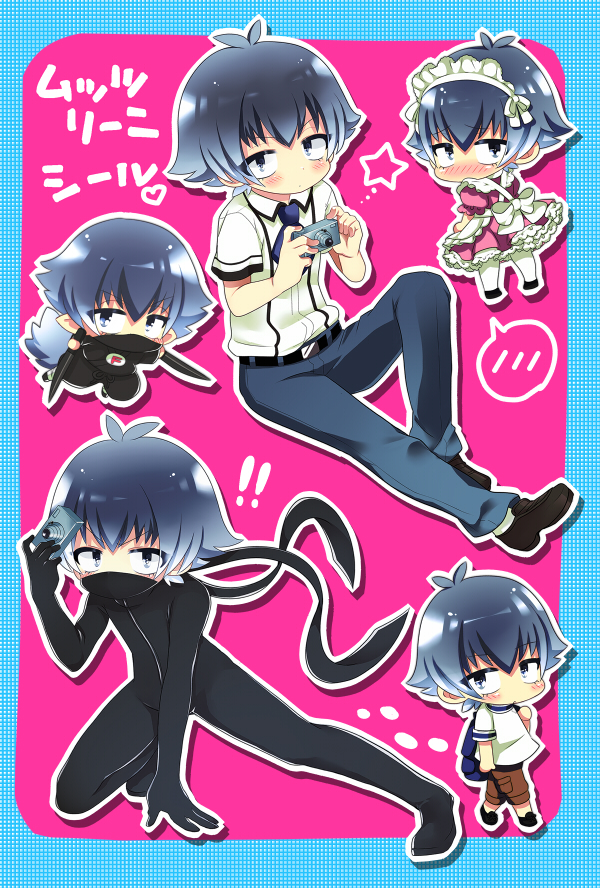 !! 1boy ahoge alternate_costume baka_to_test_to_shoukanjuu blue_eyes blue_hair blush bodysuit camera chibi crossdressinging dress enmaided maid maid_headdress male msp_sammy ninja short_hair spoken_blush trap tsuchiya_kouta