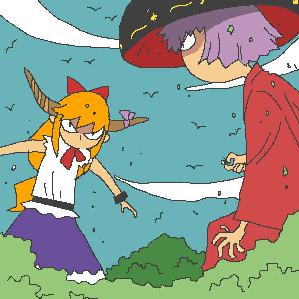 2girls bird bowl forest giantess horns ibuki_suika japanese_clothes kimono multiple_girls nature onikobe_rin orange_hair purple_hair short_hair sukuna_shinmyoumaru touhou