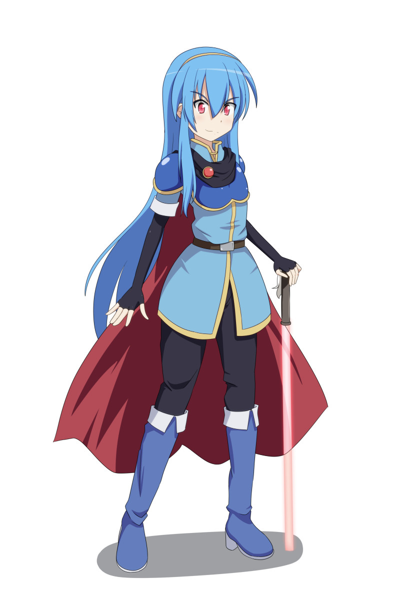 &gt;:) 1girl alternate_costume armor blue_hair boots brooch cape cato_(monocatienus) cosplay fingerless_gloves fire_emblem gloves hairband high_heel_boots high_heels highres hinanawi_tenshi jewelry long_hair marth marth_(cosplay) red_eyes solo sword_of_hisou touhou tsurime tunic very_long_hair