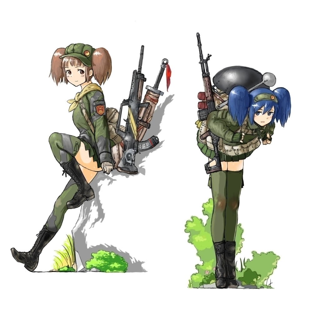 2girls blue_eyes blue_hair boots brown_eyes brown_hair camouflage coh cross-laced_footwear flower grass green_legwear gun hairband hat lace-up lace-up_boots leaning leaning_forward leg_up long_hair long_legs long_sleeves looking_at_viewer mars_expedition military military_uniform multiple_girls open_mouth qbz-95 rifle rock simple_background smile strap thigh-highs twintails uniform weapon weapon_request white_background zettai_ryouiki
