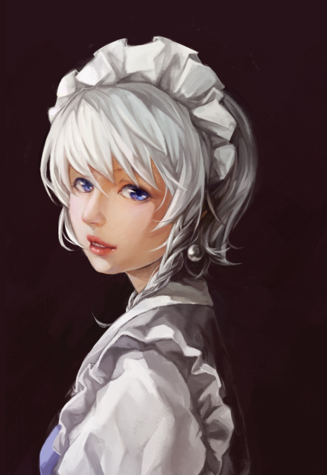 1girl blue_eyes braid dark_background dress earrings izayoi_sakuya jewelry lips looking_at_viewer looking_to_the_side maid maid_headdress maroon_background nose parted_lips portrait realistic silver_hair simple_background solo touhou zhen_panxie