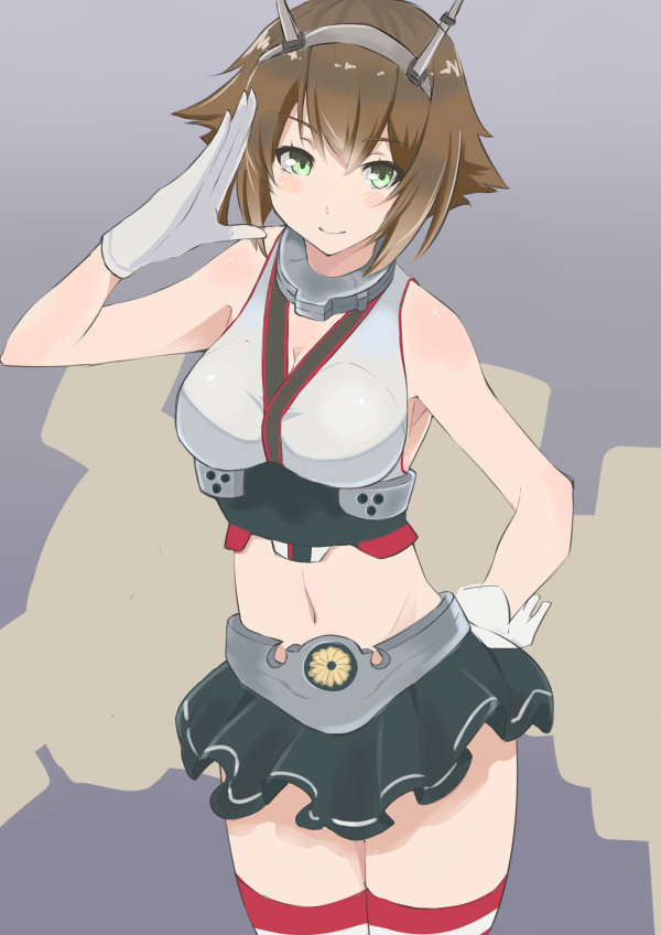 1girl blush breasts cowboy_shot gloves gomashi_(goma) hand_on_hip headgear kantai_collection looking_at_viewer midriff mutsu_(kantai_collection) navel salute short_hair sketch skirt smile solo striped striped_legwear thigh-highs white_gloves