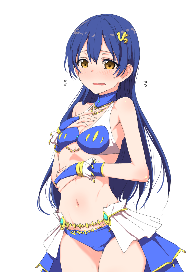 1girl alternate_costume bare_shoulders blue_gloves blue_hair blush bridal_gauntlets brown_eyes clearite cowboy_shot flying_sweatdrops gloves hair_ornament hand_on_own_chest hand_on_own_stomach long_hair looking_at_viewer love_live!_school_idol_project navel solo sonoda_umi stomach transparent_background