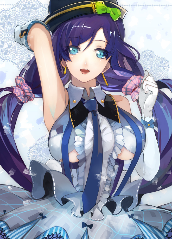 1girl bare_shoulders blush breasts dress gloves green_eyes hat long_hair love_live!_school_idol_project low_twintails open_mouth pupps purple_hair scrunchie solo suspenders toujou_nozomi twintails white_gloves