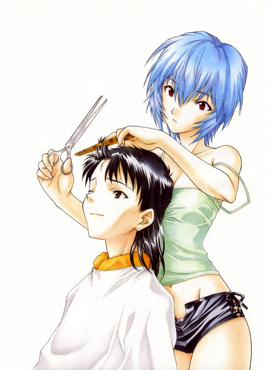 1boy 1girl alternate_hairstyle artist_request ayanami_rei blue_hair bob_cut bow breasts brown_eyes brown_hair cleavage comb cutting_hair head_tilt ikari_shinji navel neon_genesis_evangelion neon_genesis_evangelion_anima open_fly open_mouth panties panty_peek red_eyes scissors short_hair short_shorts shorts sitting strap_slip tagme tank_top underwear unzipped utatane_hiroyuki white_background white_panties winking zipper