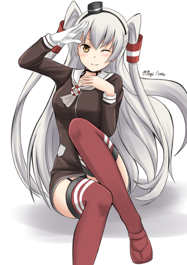 1girl amatsukaze_(kantai_collection) black_panties blush brown_dress brown_eyes choker dress fuuma_nagi gloves hair_tubes hand_on_forehead headgear kantai_collection long_hair long_sleeves looking_at_viewer neckerchief one_eye_closed panties panty_peek red_legwear sailor_collar sailor_dress silver_hair simple_background single_glove smile solo striped striped_legwear thigh-highs twitter_username two_side_up underwear white_background white_gloves