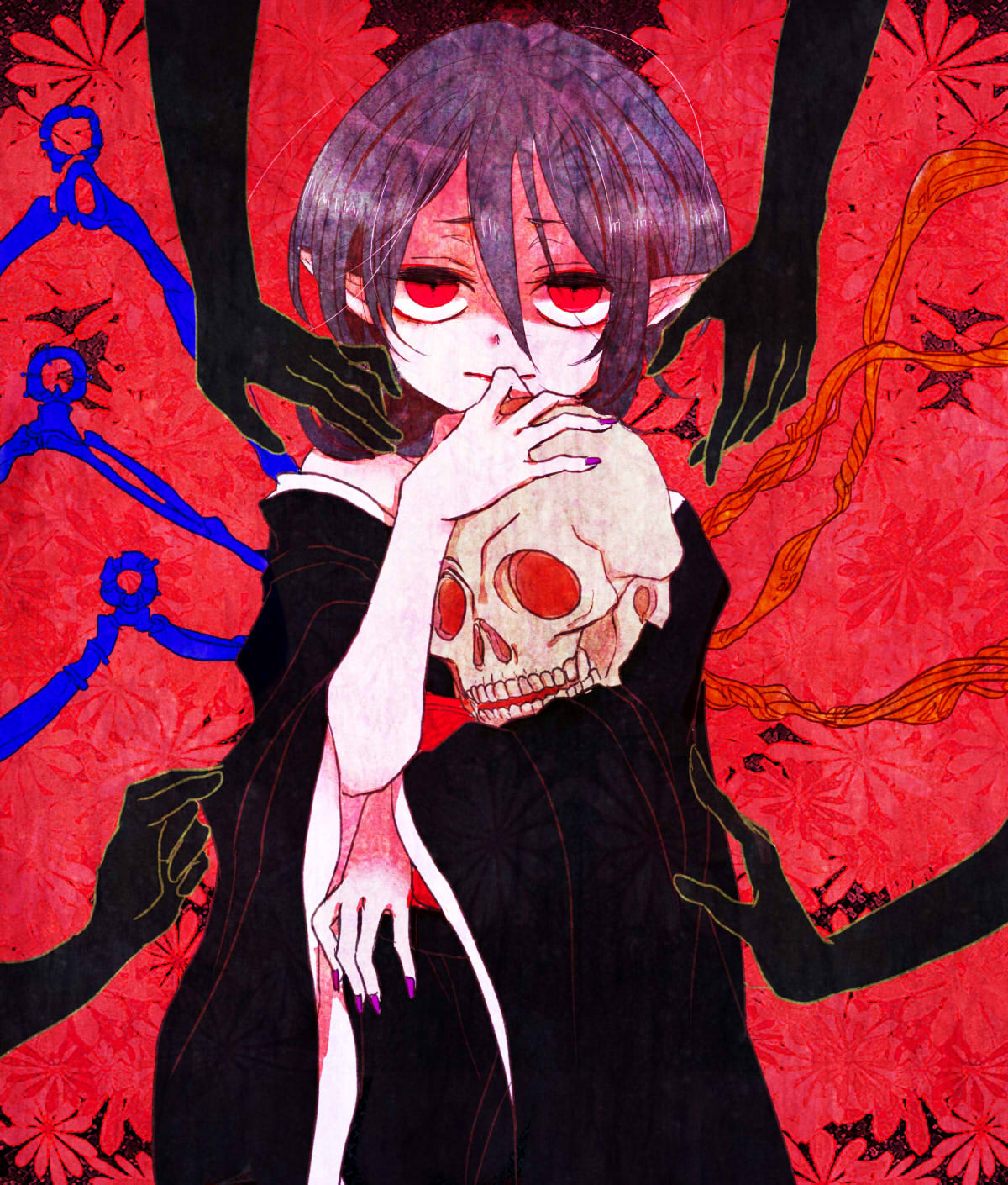 1girl alternate_costume asymmetrical_hair asymmetrical_wings black_dress black_hair dress hands highres houjuu_nue japanese_clothes kimono long_sleeves looking_at_viewer nail_polish obi off_shoulder pointy_ears red_background red_eyes sash shimana_(cs-ts-az) short_hair simple_background skull solo solo_focus touhou wide_sleeves wings