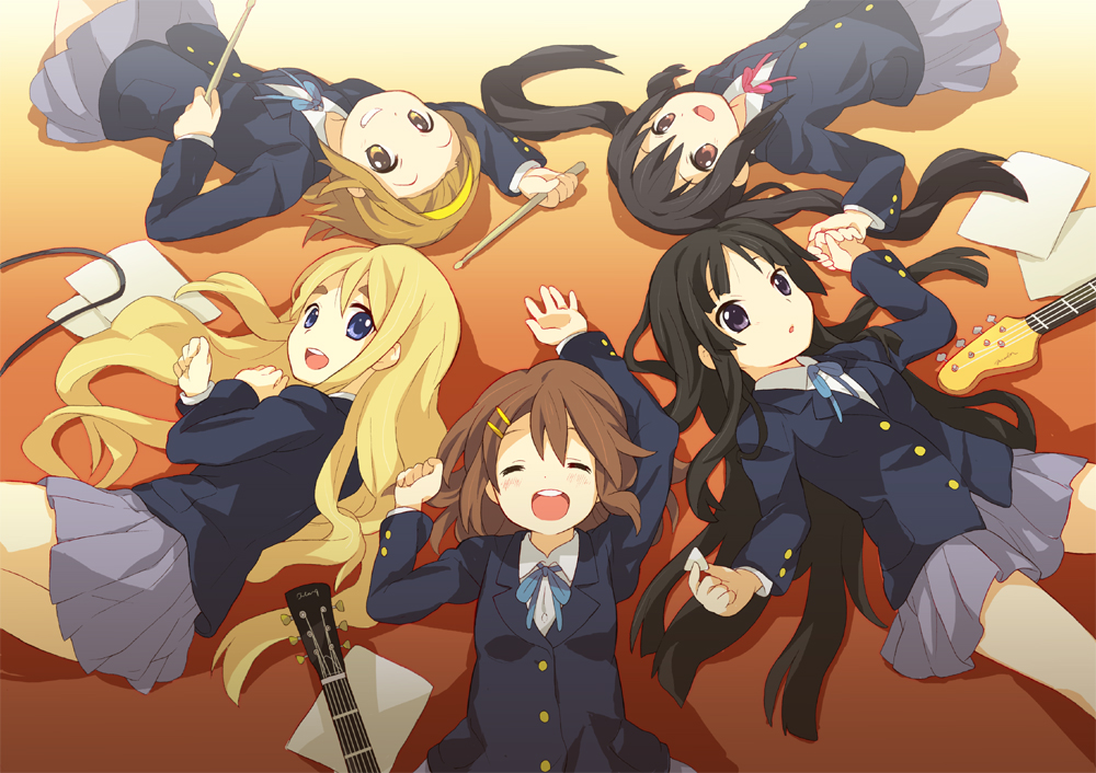 5girls :d akiyama_mio circle_formation drumsticks guitar happy hirasawa_yui instrument k-on! kotobuki_tsumugi looking_at_viewer lying multiple_girls nakano_azusa on_back on_side open_mouth plectrum revision school_uniform smile tachitsu_teto tainaka_ritsu