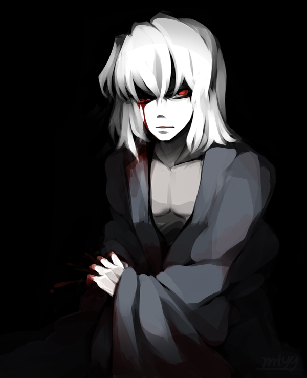 1boy black_background blood blood_on_face hair_over_eyes monochrome mtyy red_eyes short_hair solo toono_shiki_(2) tsukihime white_hair