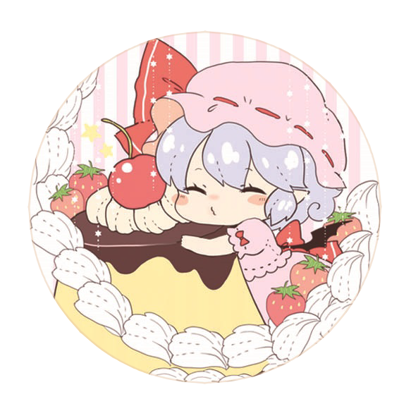 1girl badge blue_hair blush_stickers button_badge cherry chibi closed_eyes dress food fruit hat hat_ribbon maru_usagi minigirl mob_cap object_hug pink_dress pudding puffy_short_sleeves puffy_sleeves remilia_scarlet ribbon short_sleeves silver_hair solo strawberry touhou whipped_cream