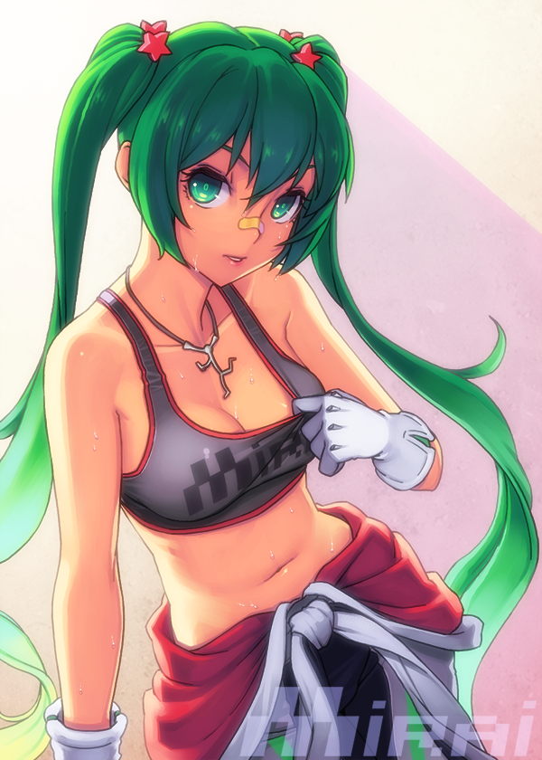 1girl bandaid bandaid_on_nose breasts cleavage gloves green_eyes green_hair hatsune_miku jewelry long_hair midriff navel necklace solo sports_bra twintails very_long_hair vocaloid yuksi