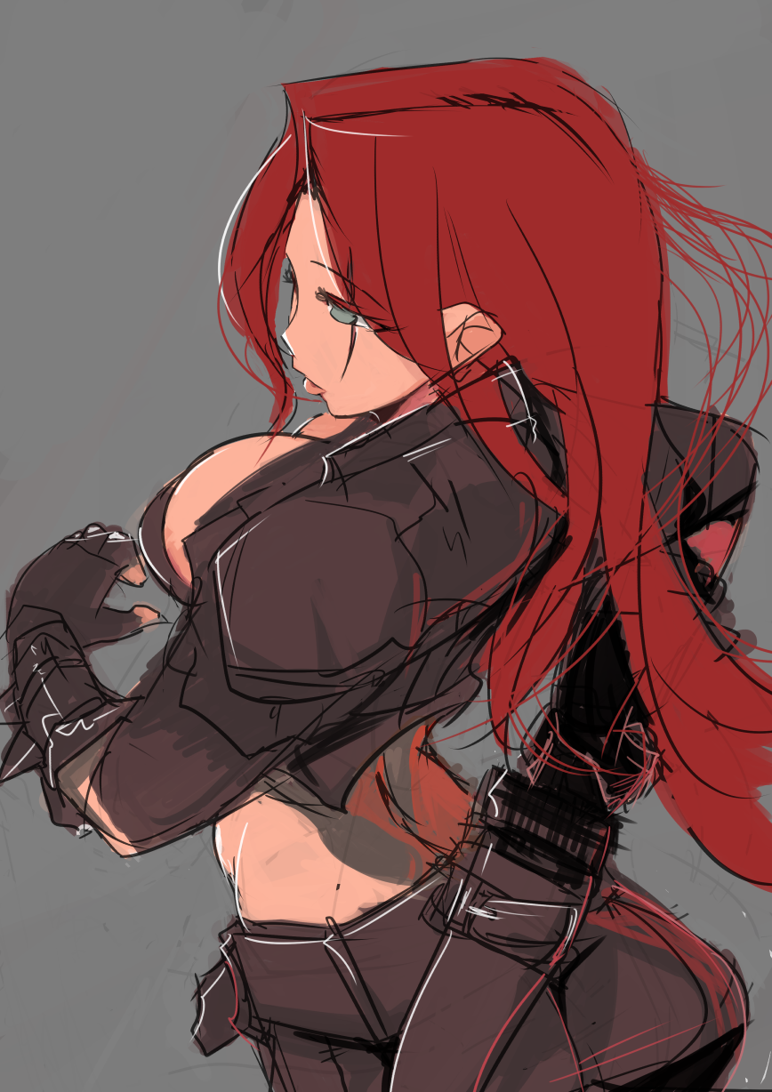 1girl ass breasts cropped_jacket green_eyes higa_norio highres katarina_du_couteau large_breasts league_of_legends long_hair midriff redhead sketch solo