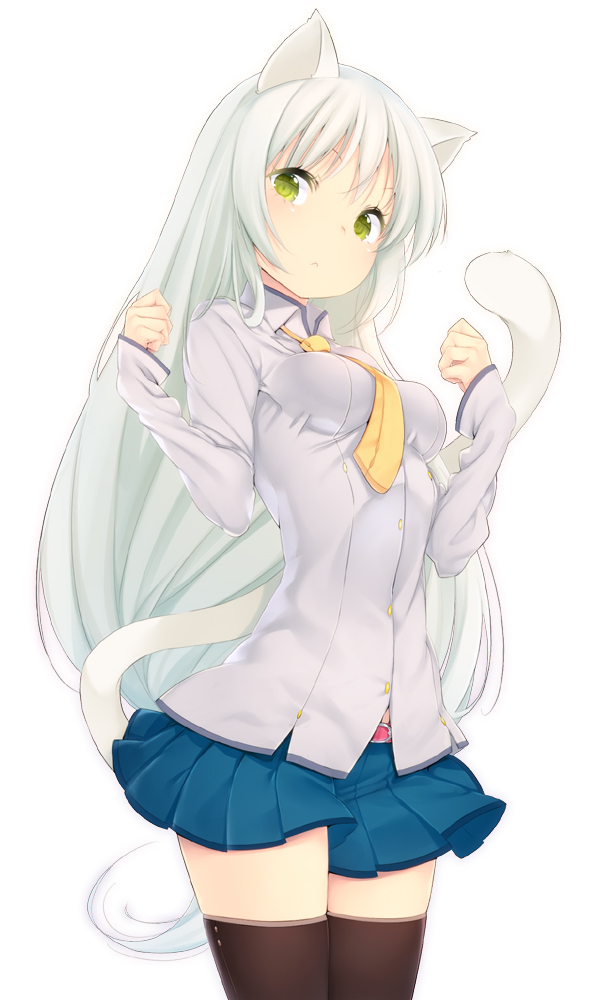 1girl animal_ears black_legwear blush breasts brown_hair cat_ears cat_tail green_eyes impossible_clothes long_hair long_sleeves looking_at_viewer necktie original silver_hair simple_background skirt solo tail thigh-highs very_long_hair white_background zettai_ryouiki zizi_(zz22)
