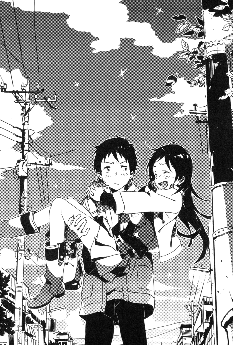 1boy 1girl akai_kou black_hair carrying closed_eyes highres long_hair monochrome niwa official_art ore_wa_mada_koi_ni_ochite_inai princess_carry short_hair smile tadokoro_eimi