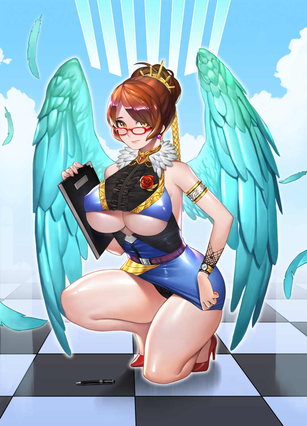 angel_wings armlet bare_shoulders black_panties bling_(wnsdud34) book breasts brown_hair checkered checkered_floor earrings glasses highres jewelry kneeling large_breasts looking_at_viewer original panties short_hair skin_tight solo thighs underwear wings yellow_eyes