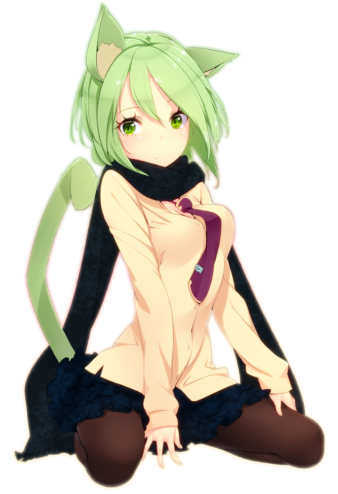 1girl animal_ears black_legwear blush breasts cat_ears cat_tail green_eyes green_hair looking_at_viewer necktie original pantyhose scarf short_hair simple_background sitting skirt solo tail white_background zizi_(zz22)