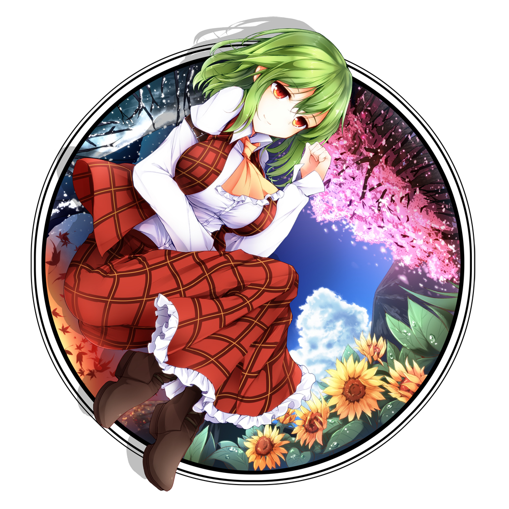 1girl ascot blue_sky breasts cherry clouds flower food fruit green_hair kazami_yuuka large_breasts long_sleeves midori_(misuriru8) mountain open_clothes open_vest red_eyes shirt skirt sky smile solo sunflower touhou tree vest