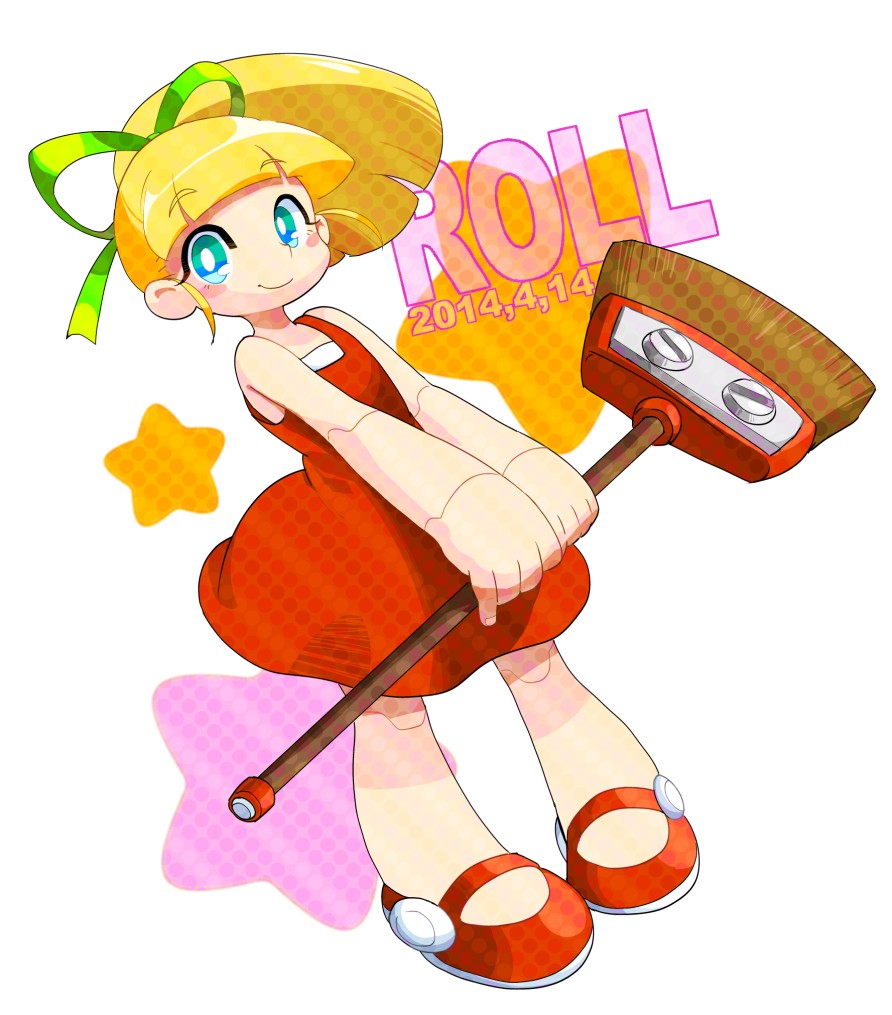 1girl android blonde_hair blush_stickers broom character_name dated dress green_eyes hair_ribbon long_hair mary_janes no_socks ponytail red_dress ribbon robot_joints rockman rockman_(classic) roll shoes smile solo yuriyuri_(ccc)