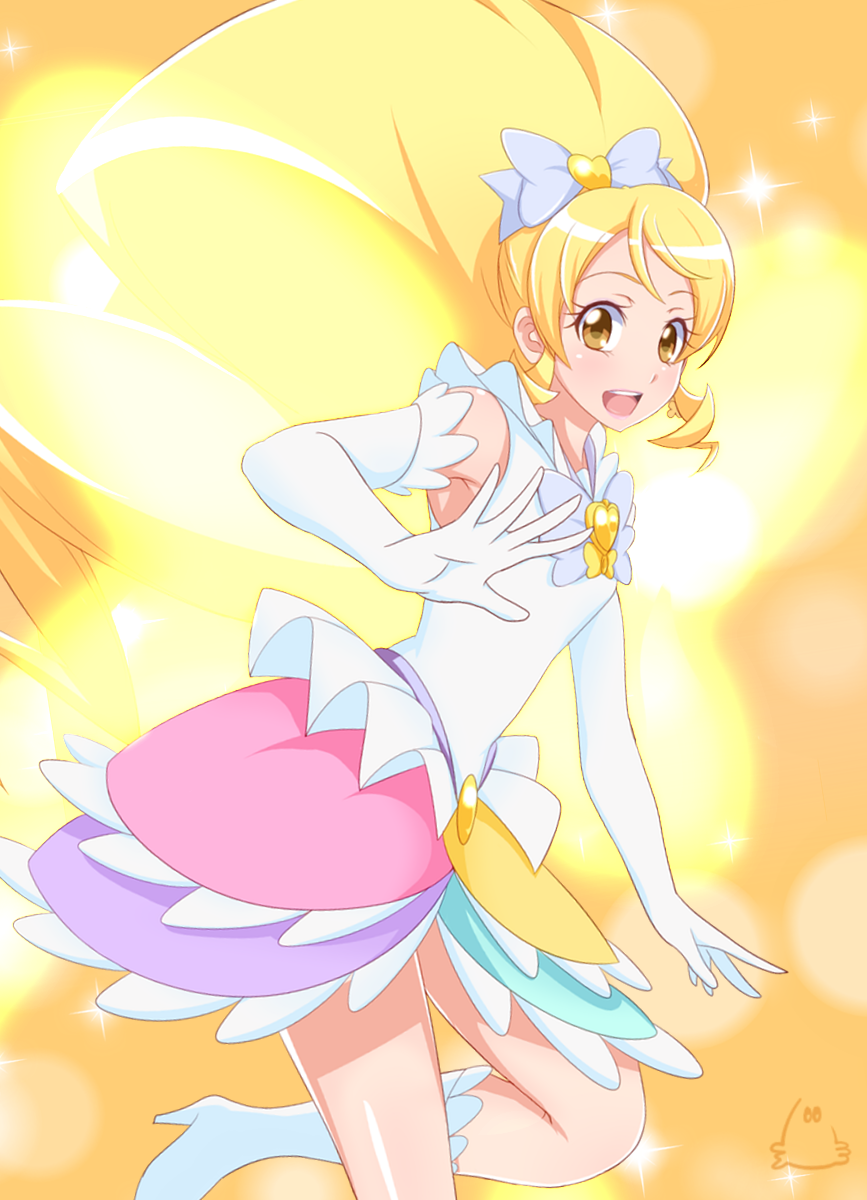 1girl blonde_hair blush boots cure_honey dress eyelashes gloves hair_ornament hair_ribbon happinesscharge_precure! happy high_heel_boots high_heels highres innocent_form_(happinesscharge_precure!) jabara921 long_hair looking_at_viewer magical_girl oomori_yuuko open_mouth ponytail precure ribbon smile solo standing white_dress white_gloves yellow_eyes