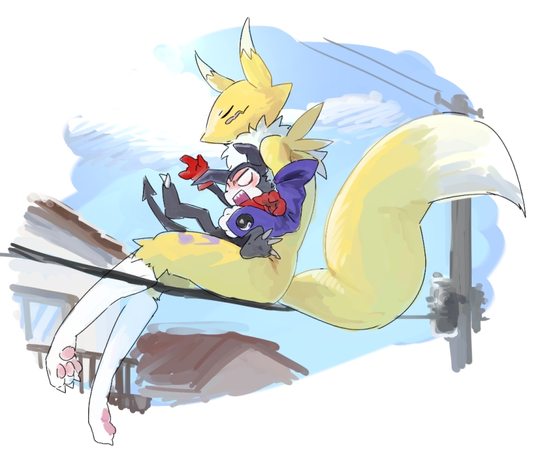 1boy 1girl animal_ears closed_eyes digimon digimon_tamers fox_ears fox_tail furry gloves height_difference impmon power_lines red_gloves red_scarf renamon scarf sitting sitting_on_lap sitting_on_person tail yuriyuri_(ccc)